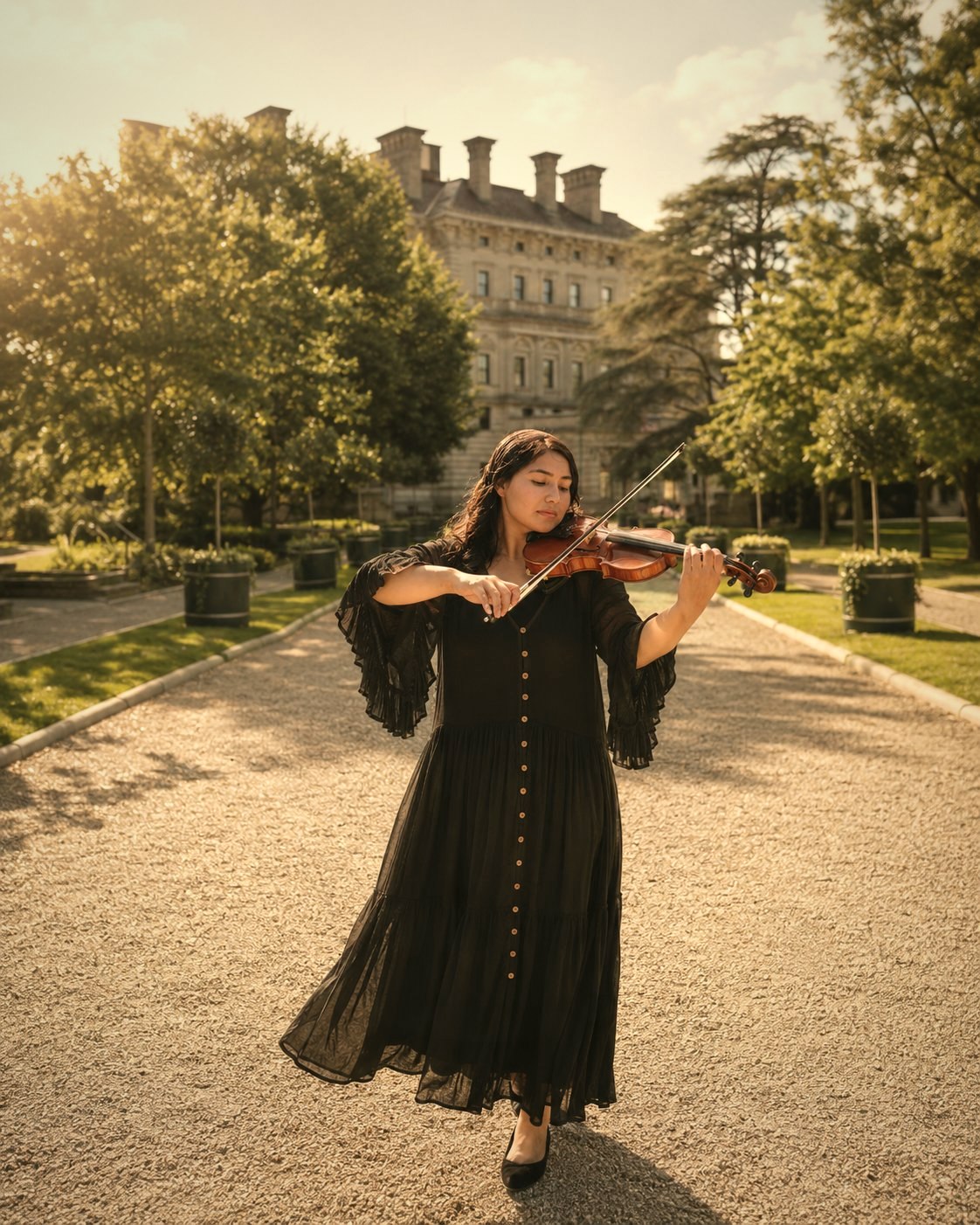 Rebecca Castaneda performing violin outdoors